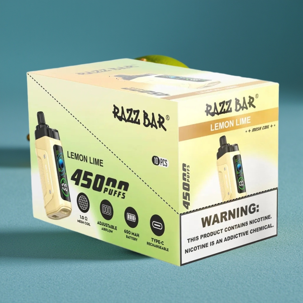 Razz Bar 45000 Puffs Disposable Vape Chanh Xanh và Mâm Xôi Pin 650 Mah