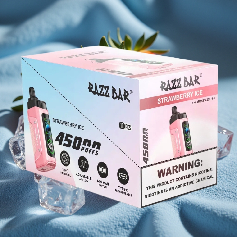 Razz Bar 45000 Puffs Disposable Vape Dâu Tây Đá Lạnh với Pin 650mAh và Điều Chỉnh Luồng Khí